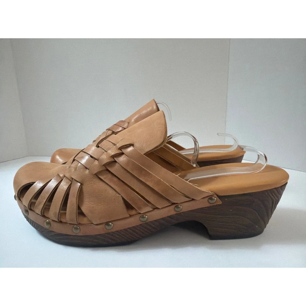 Korks by Kork-Ease Tan Woven Leather Wood Wedge Clogs Mules Size US 11 EU 43 - Picture 8 of 14